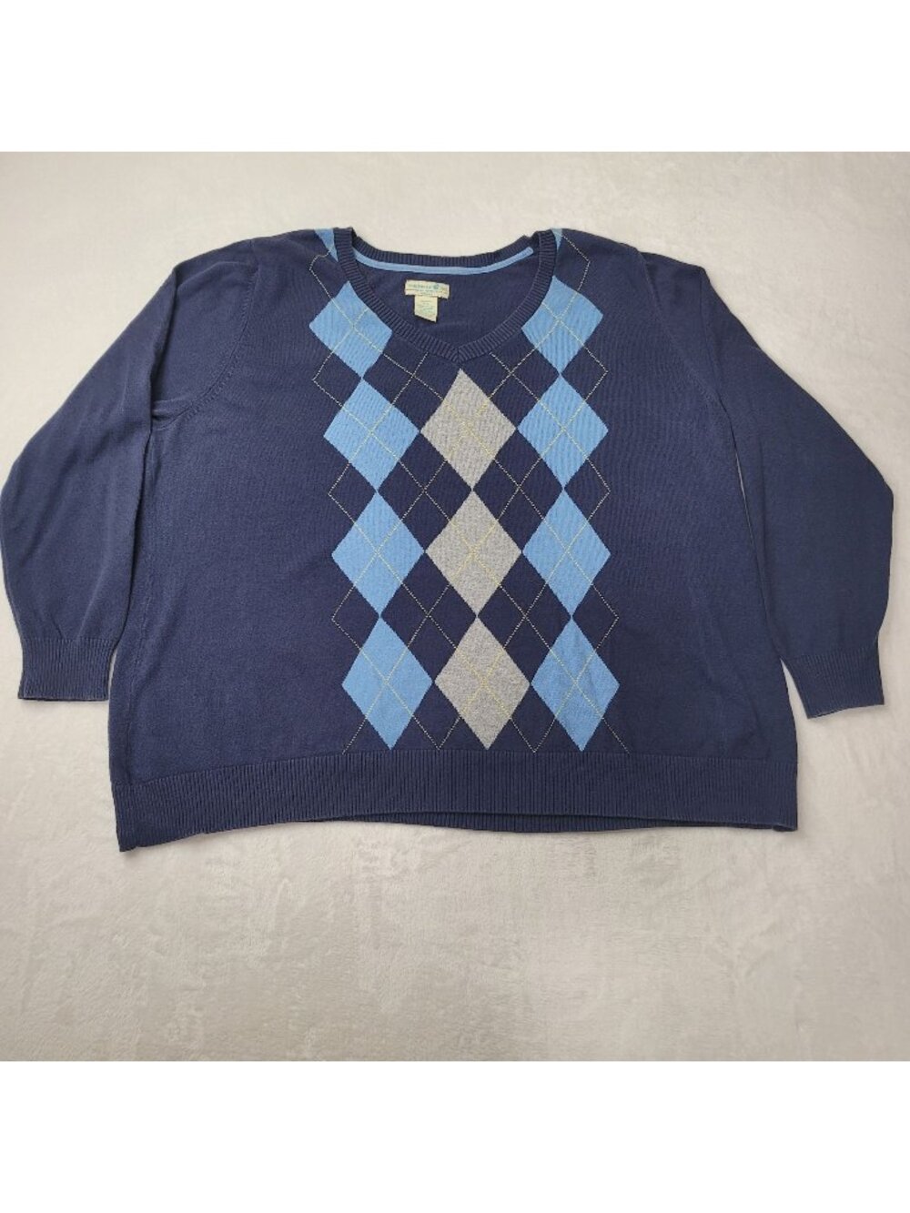 Caribbean Joe Women's Blue Argyle  V-Neck Long Sleeve Sweater Size 2X